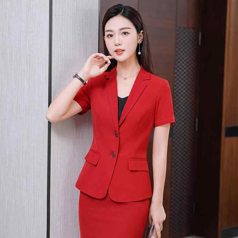 ジャケット レディース 半袖 薄手 黒 高級感 ビジネス オフィス ホテル レストラン 制服 ユニフォーム スーツ セットアップ パンツ ポリエステル 伸縮性 接触冷感 春夏