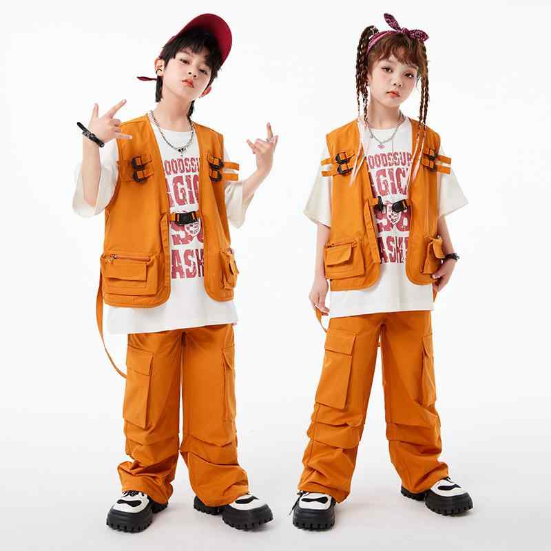 キッズ ダンス衣装 男の子 女の子 男女兼用 夏物 ヒップホップ ストリート ベスト 半袖トップス ロングパンツ 3点セット オレンジ色 ゆったり ルーズフィット クール 発表会 練習着 コットン 綿混