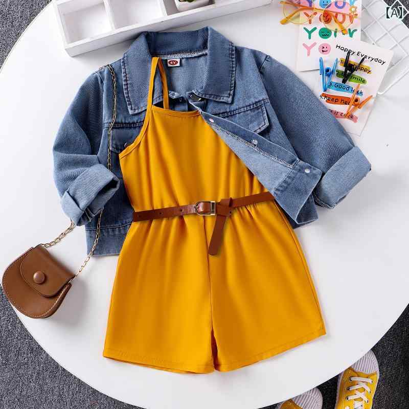 子供服 キッズ 女の子 3点セット 秋冬 キャミソール オールインワン ショートパンツ デニム ジャケット ベルト付き シンプル カジュアル かわいい 柔らかい コットン混 イエロー