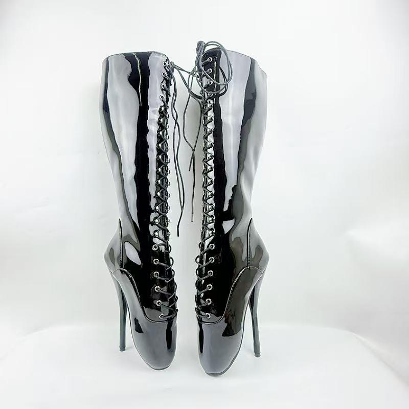 ブーツ 男女兼用 レディース メンズ 欧米ファッション セレブスタイル ダンスブーツ セクシー 超ハイヒール 18cm 極厚底 エナメル パテントレザー フックデザイン ミドル丈 ラウンドトゥ 合成皮革 細ヒール 脚長効果 大きいサイズ サイドジップ