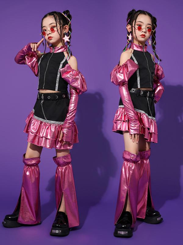 ダンス衣装 女の子 キッズ ガールズ 光沢 エナメル風 ピンク セットアップ ジャズ ストリート ヒップホップ 発表会 ステージ ファッション クール かっこいい モデル ランウェイ ポリエステル