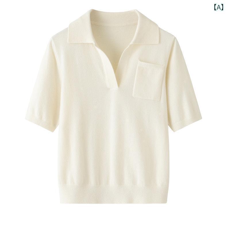 トップス レディース カシミヤニット ポロ襟 半袖 プルオーバー カシミヤ 上質 高級感 ベーシック シンプル 通勤 オフィス カジュアル 普段使い 秋冬