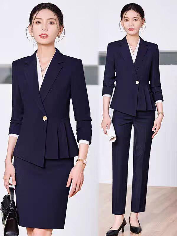 スーツ レディース 春秋 ビジネス オフィス 制服 受付 事務服 通勤 リクルート セットアップ ジャケット パンツ スカート 2点セット ポリエステル ストレッチ 長袖 ブラック ネイビー 上品 エレガント 高見え