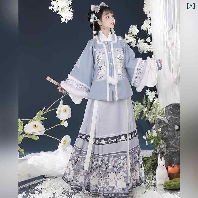 漢服 レディース 明 方領 襦服 半袖 ?面スコート 肌付き 仕掛ける 秋冬 加厚 裏起毛 広袖 兎柄 重要人物柄 刷り上げる ヴィンテージ レトロ ポリエステル 愛くるしげ 今めかしい お正月 防寒