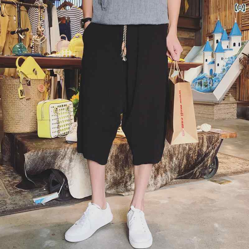 パンツ メンズ 男性用 中国風 レトロ ヴィンテージ 麻 リネン ゆったり リラックスフィット 大きいサイズ ビッグサイズ 七分丈 クロップド バルーン アラジン カジュアル 普段使い 無地 ポケット付き