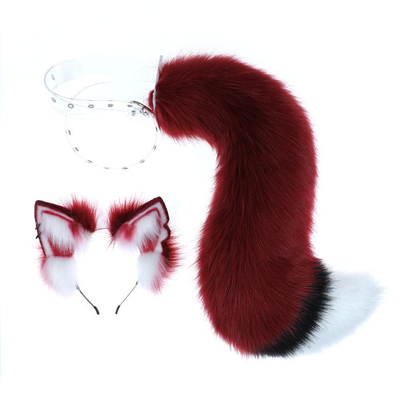 コスプレ小物 魅惑の狼 獣耳 獣しっぽ カチューシャ ヘッドドレス フェイクファー もこもこ リアル 手作り ワインレッド ハロウィン パーティー イベント 仮装 変装 コスチューム セット