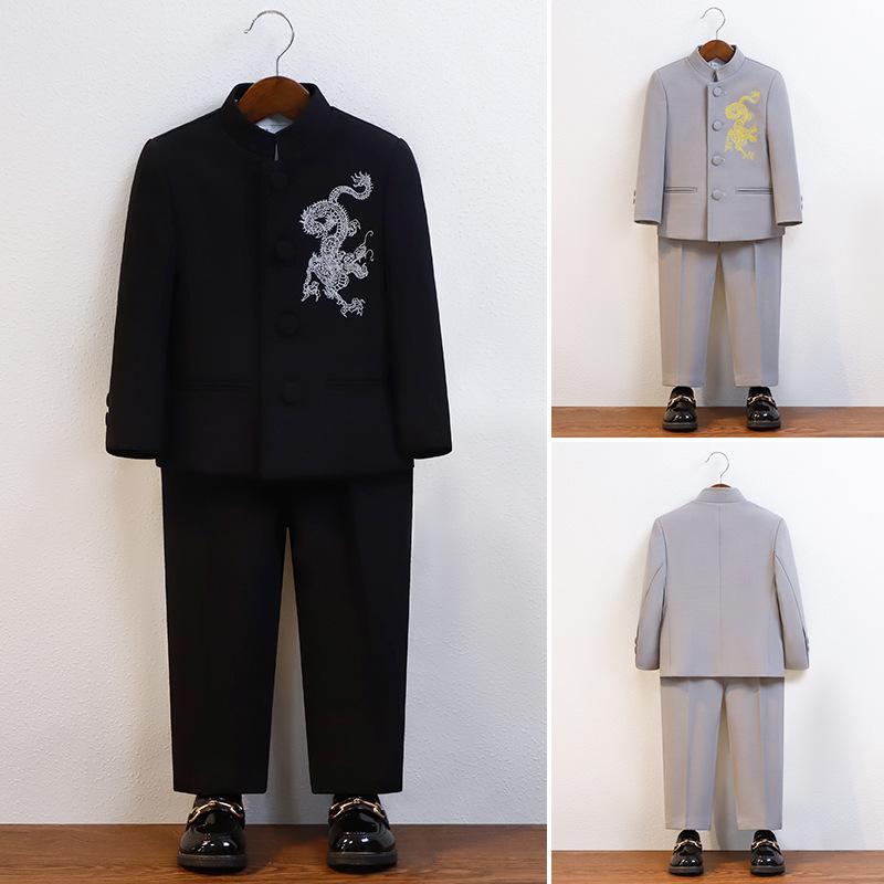 キッズ フォーマルスーツ 男の子 龍柄刺繍 中華風 発表会 ステージ衣装 入学式 卒業式 結婚式 セレモニー イベント ポリエステル混紡 ブラック グレー 春夏秋