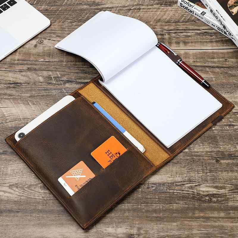 手帳カバー レトロ クレイジーホースレザー A5対応 多機能 ペンホルダー iPad mini収納 ビジネス プライベート 高級感 耐久性 黒 ブラウン ダークブラウン