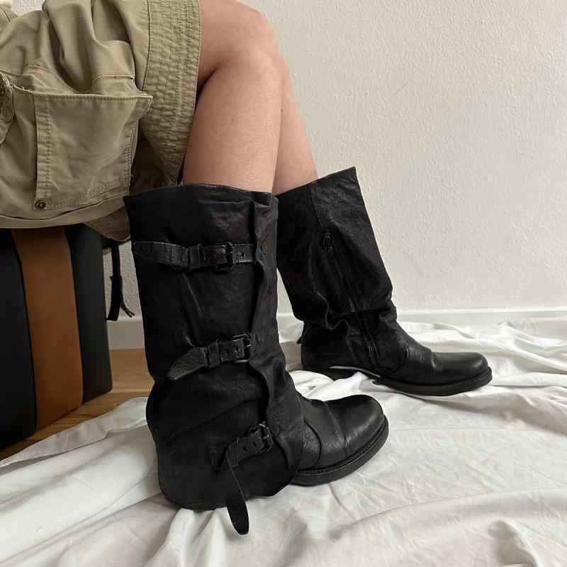 ブーツ レディース 女性用 牛革 レザー ウエスタン カウボーイ ライダー ミドル丈 ベルトバックル しわ加工 ダメージ加工 サイドジップ 太ヒール ラウンドトゥ レトロ ヴィンテージ 滑り止め 耐摩耗性 秋冬春