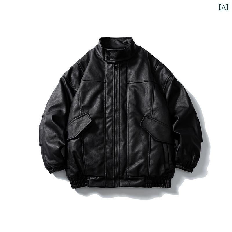 中綿ジャケット メンズ アメリカン レトロ PUレザー 防風 保温 厚手 ワークテイスト ストリート 着回し ビッグシルエット スタンドカラー ジップアップ フェイクレザー ライダース 秋冬 ブラック｜Hanbok Home