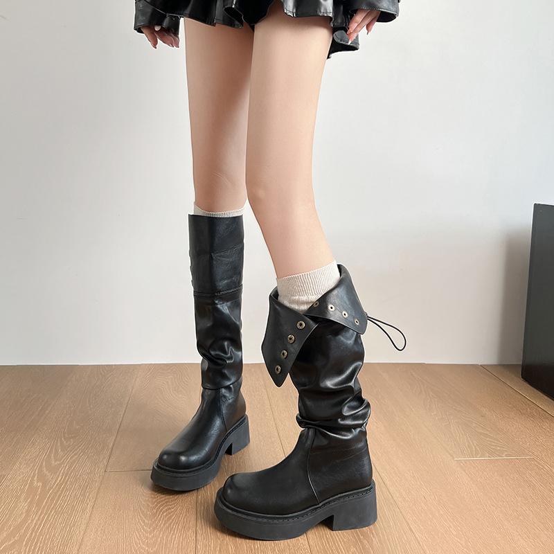 ブーツ レディース 秋冬 ロング丈 太ヒール ジョッキー レトロ ブラック クシュクシュ 小柄女性 脚長効果 合成皮革 防滑 ラウンドトゥ 普段使い