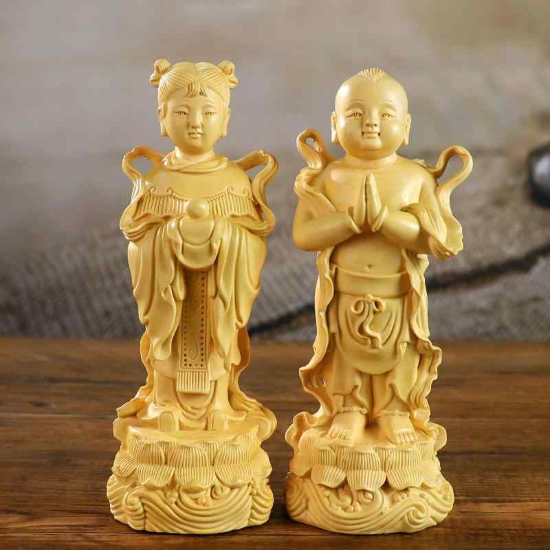 置物 柘植 木彫り 金童玉女 善財童子 龍女 観音菩薩 脇侍 仏像 仏具 インテリア 装飾品 飾り オブジェ 開運 招福 縁起物 厄除け 精巧 上品