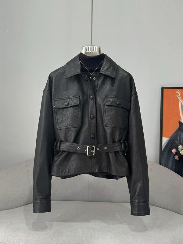 ライダースジャケット レディース 女性用 ラムレザー 羊革 ショート丈 シボ加工 ウエストマーク 細見え シャツ襟 シングルブレスト 通勤 お出かけ タウンユース ブラック 高級感 春夏