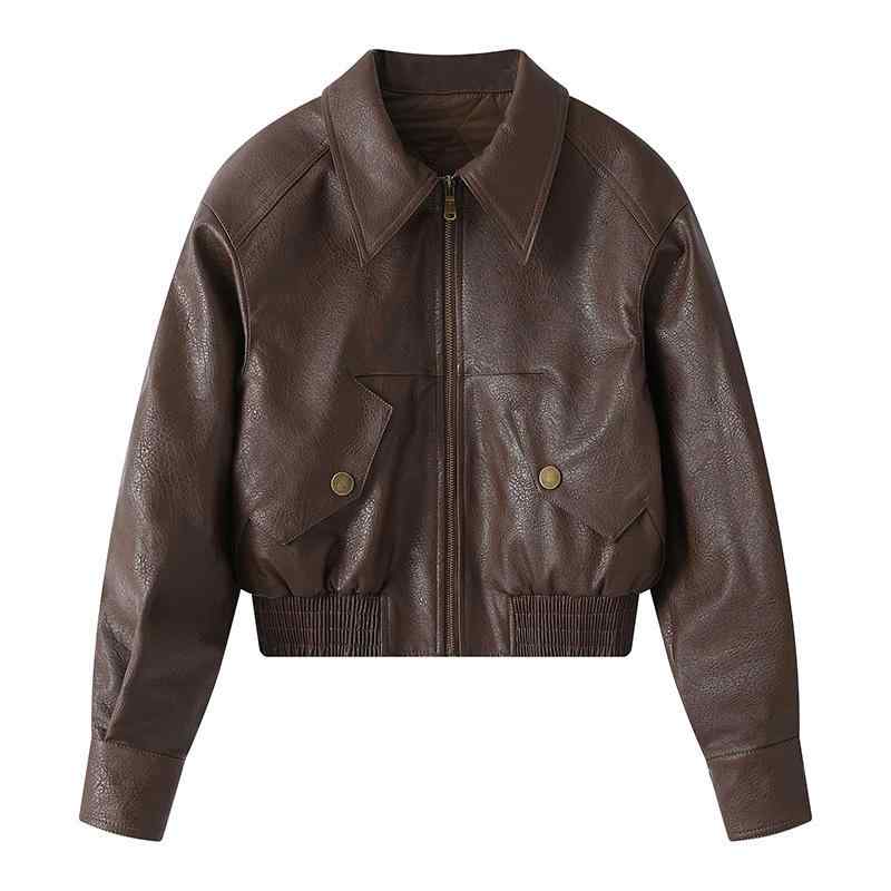 ジャケット レディース 女性用 秋冬 ショート丈 PUレザー ブラウン 茶色 ライダース ボンバージャケット 中綿入り レザー調 襟付き 切り替え カジュアルアウター
