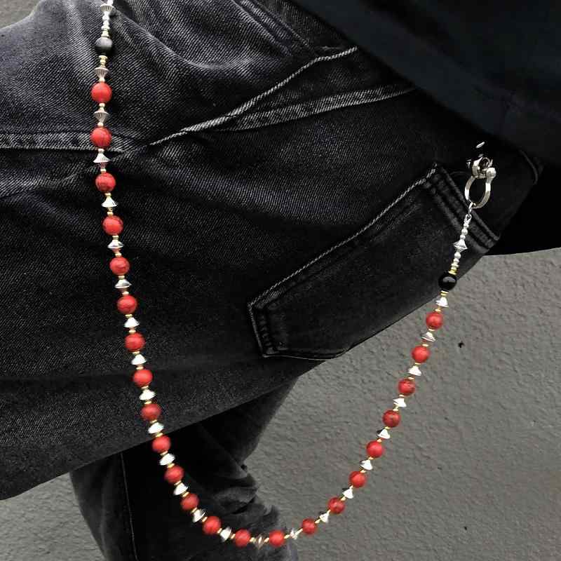パンツチェーン ユニセックス 手作り ハンドメイド レッドストーンビーズ 個性的 アメリカン パンク ストリートファッション 腰飾り キーホルダー シルバー アクセサリー