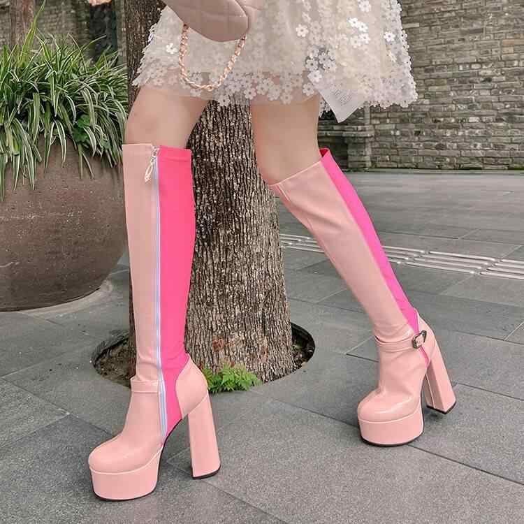 ブーツ レディース 秋冬 14cm 超厚底 チャンキーヒール スクエアトゥ バイカラー サイドジップ 裏ボア PUレザー ファッション セクシー 欧米風