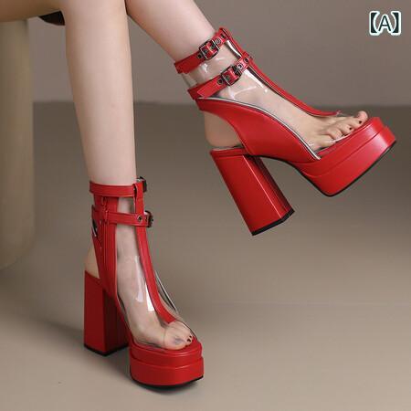 ブーツサンダル レディース 春夏 おしゃれ ファッション 着回し デイリーユース ハイヒール 太ヒール ストーム クリア ラウンドトゥ サイドファスナー PUレザー ゴム底 安定感 美脚効果