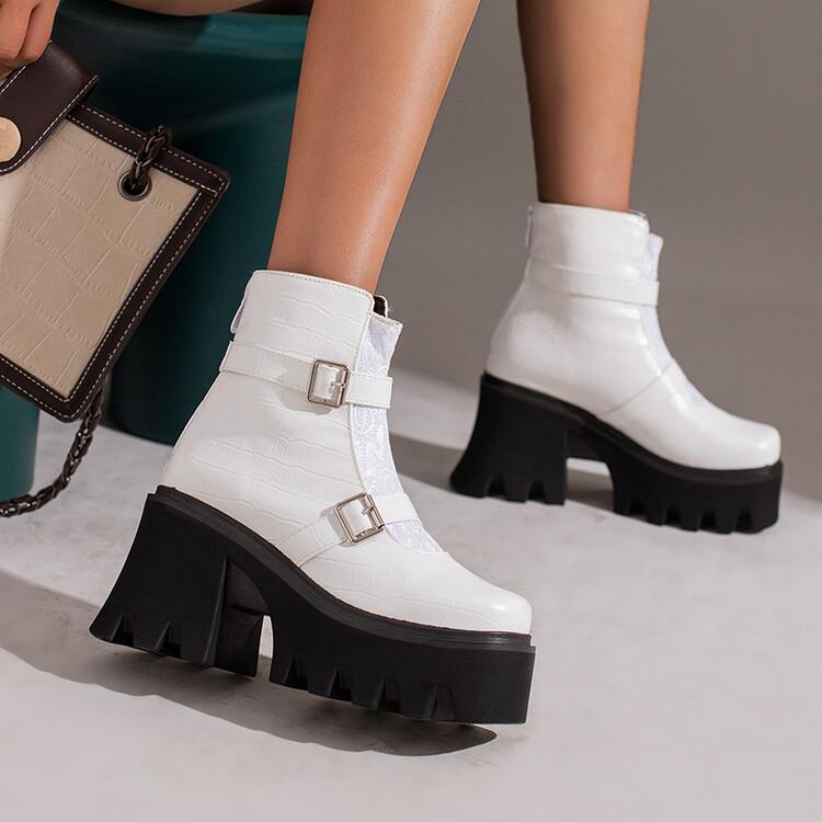 ショートブーツ レディース 女性用 秋冬 フェイクレザー 厚底 プラットフォーム チャンキーヒール ベルトバックル スクエアトゥ アンクル丈 大きいサイズ 欧米スタイル 歩きやすい ブラック ブラウン ホワイト