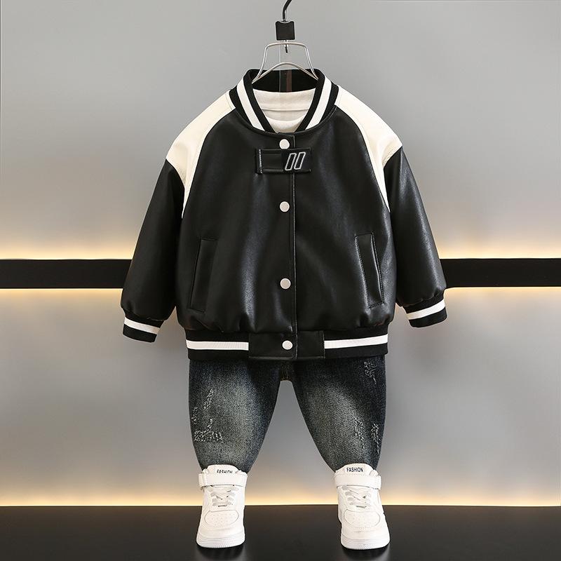 アウター 男の子 キッズ ベビー 春秋物 スタジャン 野球服 レザージャケット 革ジャン 切り替えデザイン おしゃれ 韓国風 合成皮革 ブラック 普段使い カジュアル トップス