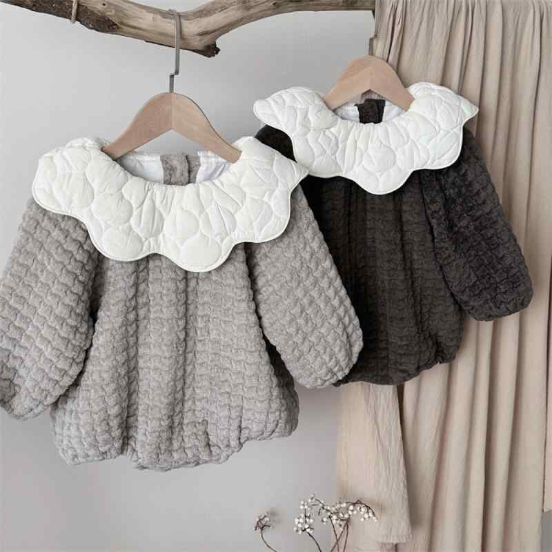 ロンパース ベビー 女の子 秋冬 ダブルキルト コットンニット 厚手 ビッグフリル襟 長袖 ふわふわブロックキルト 前開き かわいい カバーオール 韓国子供服 ベージュ お出かけ