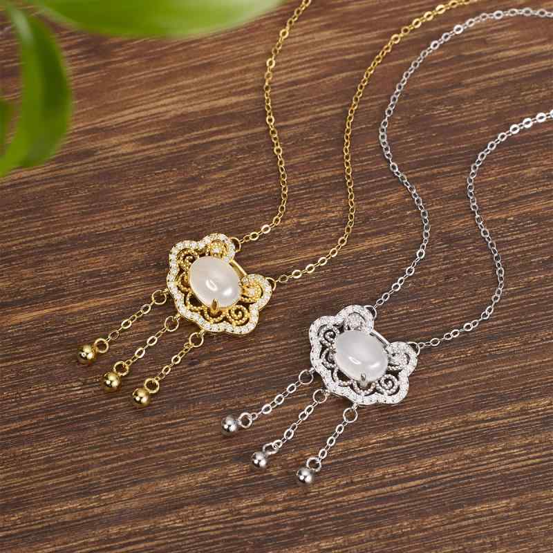 ネックレス レディース 女性用 S925シルバー カルセドニー タッセル 平安ロック モダンチャイニーズ 上品 エレガント 高級感 鎖骨チェーン ペンダント ジュエリー ゴールド プラチナカラー