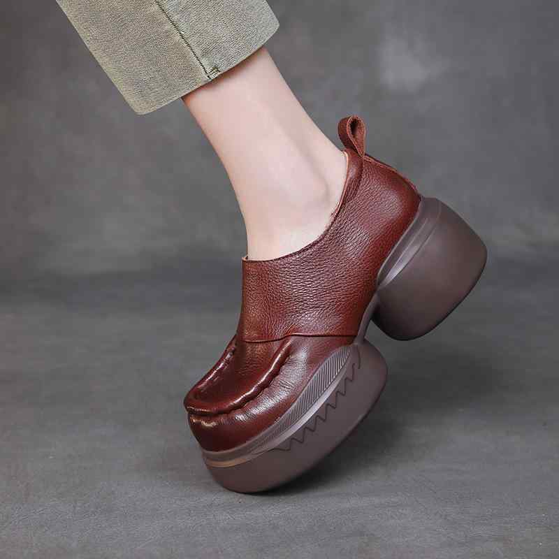 パンプス レディース 厚底 プラットホーム チャンキーヒール 低身たけ向け 表現スタイル引きあげる ラウンドトゥ 牛皮 レトロ 心地よい 年月 赤銅色 黒いこと