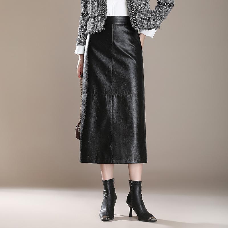 スカート ハイウエスト PUレザー タイト ストレート ミディ丈 スリット 大きいサイズ ブラック オフィス 通勤 大人 きれいめ エレガント 上品