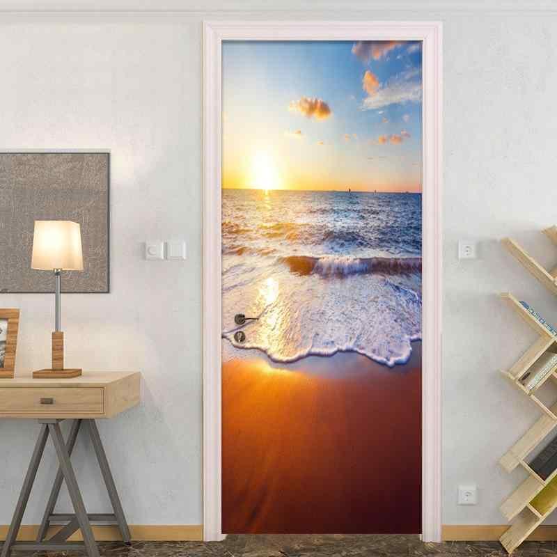 ウォールステッカー ドアシート PVC 3D 粘着式 サンセットビーチ 夕焼け 海 風景 ブルー系 モダン 北欧 インテリア 飾り 模様替え リビング 寝室 店舗 剥がせる 大判 DIY リフォーム アクセント