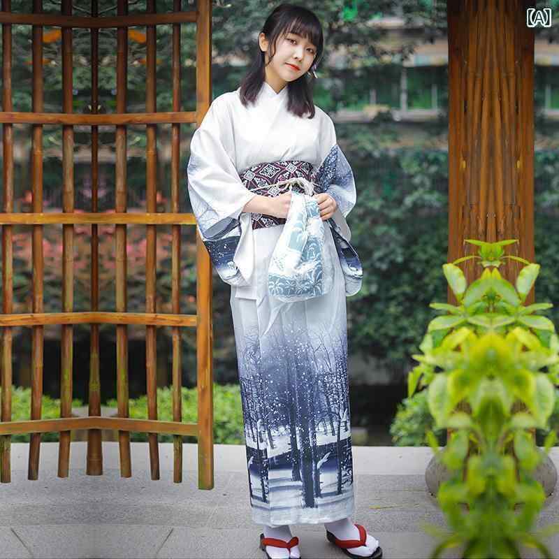 和服 女性用 日本 フォーマル 普段使い カジュアル 水墨画風 雪景色柄 改良版 アイロン不要 シワになりにくい ポリエステル混紡 上品 エレガント 大人 着物 オールシーズン グレー