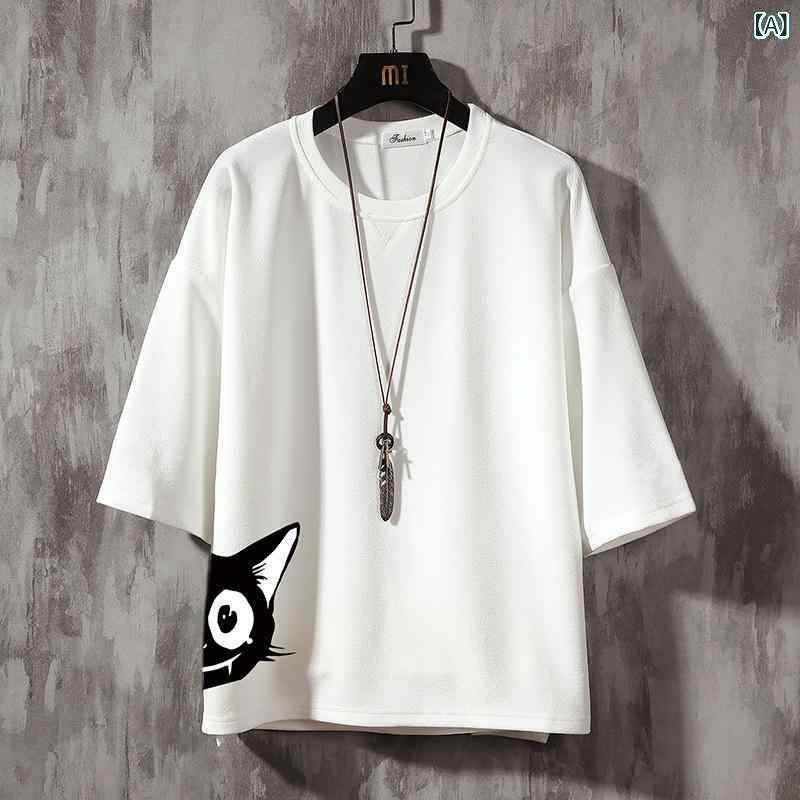 Tシャツ メンズ カットソー 男性用 ビッグシルエット 大きいサイズ 七分袖 プリント クルーネック 丸首 ポリエステル素材 韓国風 おしゃれ カジュアル 普段着 春夏 ホワイト ブラック ネイビー