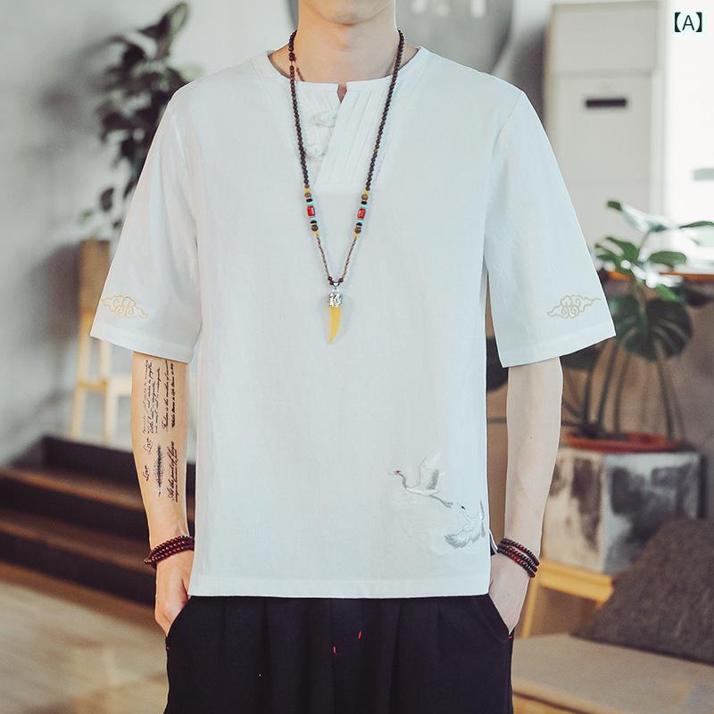 Tシャツ メンズ 中華風 エスニック 花柄 刺繍 半袖 薄手 大きいサイズ ビッグシルエット ゆったり 麻素材 カジュアル 普段使い 春夏