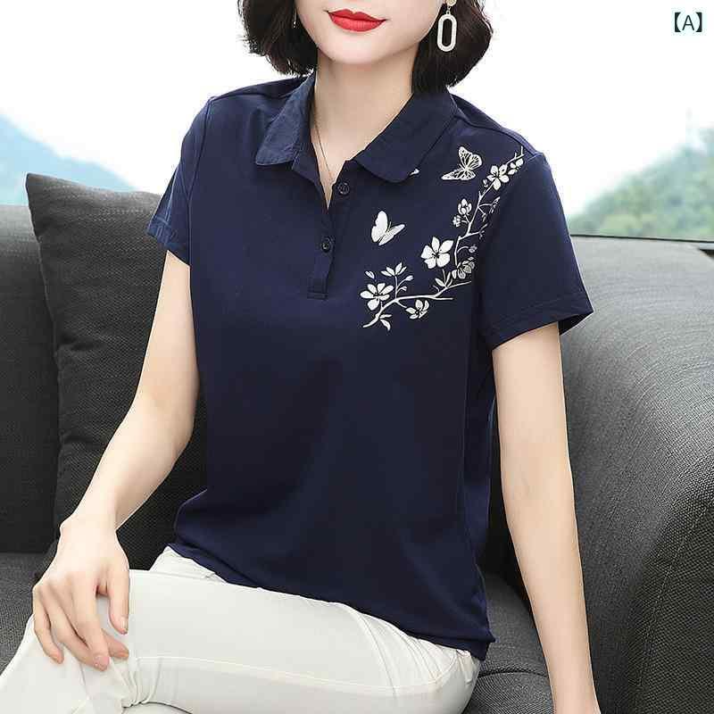 Tシャツ レディース 半袖 ポロ襟 ゆったり ルーズ 体型カバー 着痩せ効果 ミセス ママ 大人カジュアル 通勤 夏 綿 コットン トップス ブルー