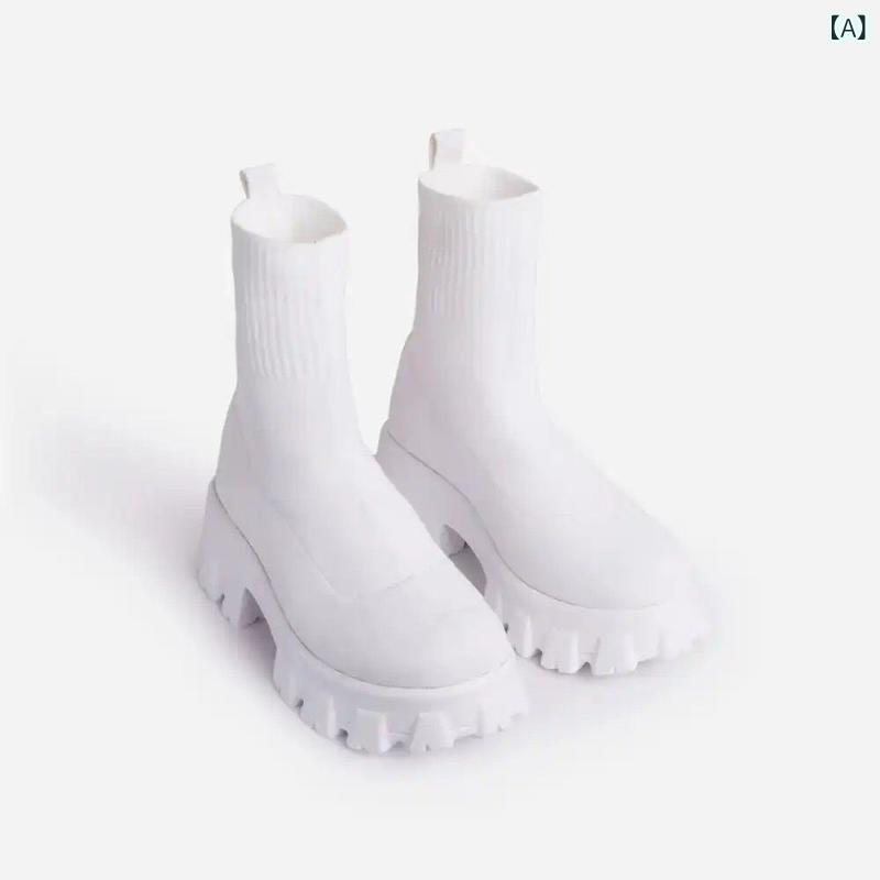 ソックスブーツ レディース 女性用 秋冬 厚底 ニット ショートブーツ ミドルブーツ ミドルヒール 太ヒール チャンキーヒール ラウンドトゥ スリッポン 大きいサイズ カジュアル 通気性 耐摩耗 黒 白 赤 茶 カーキ