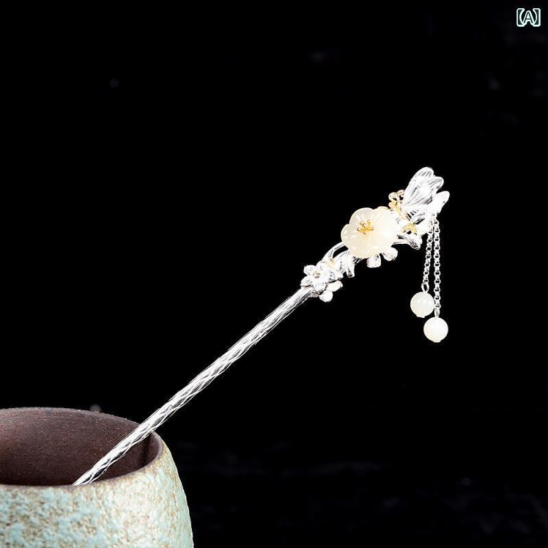 簪 レディース S925シルバー 和田玉 彫刻 蝶々 花 和風 中華風 和装小物 着物 浴衣 フォーマル 髪飾り ヘアアクセサリー