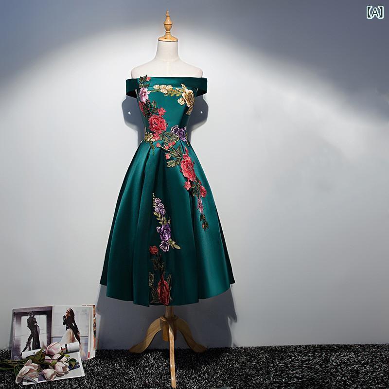 パーティードレス レディース エレガント オフショルダー ミモレ丈 フォーマルドレス ワンピース 結婚式 二次会 披露宴 お呼ばれ 食事会 謝恩会 発表会 着痩せ 体型カバー 上品 Aライン ポリエステル アセテート