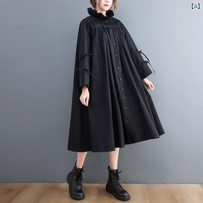 シャツワンピース レディース 秋冬 韓国ファッション ロング丈 マキシ丈 大きいサイズ ゆったり ウエストリボン 無地 綿混 Aライン 長袖 ラウンドネック エレガント きれいめ