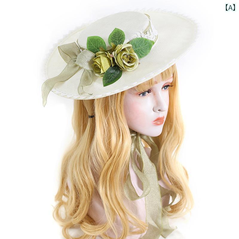 ハット レディース ロリータ オリジナル ハンドメイド UVカット 日よけ つば広 リボン レース 麻 リネン お出かけ 撮影 ホワイト