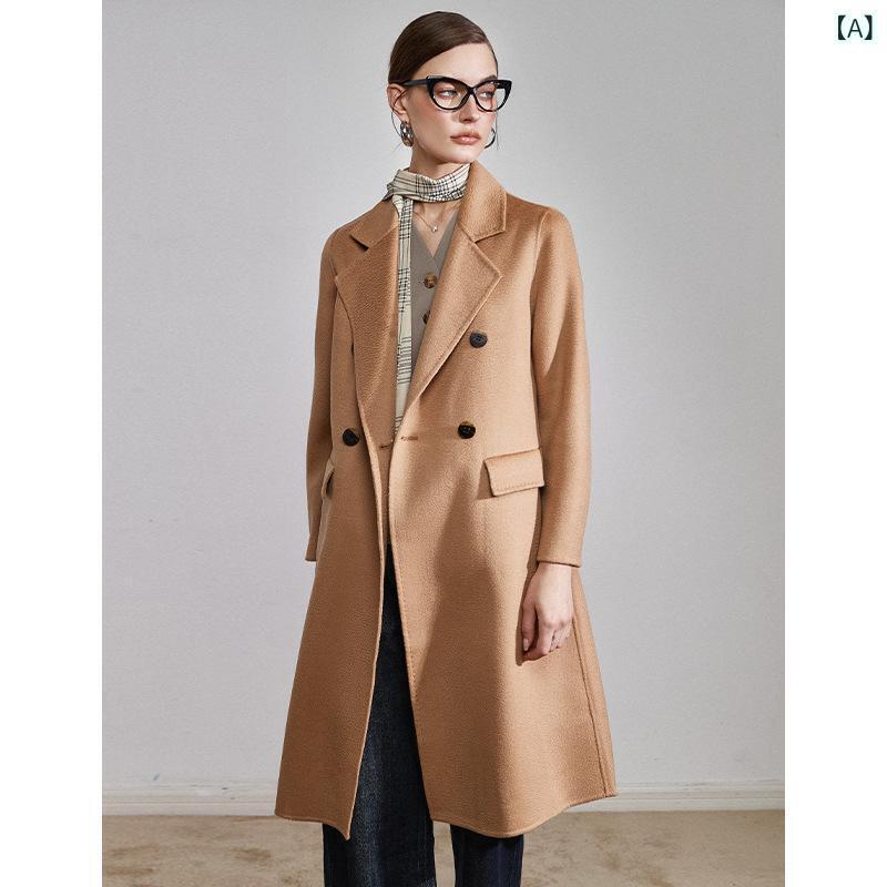 コート レディース 女性用 水波柄 カシミヤ ウール ダブルフェイス リバーシブルウール 厚手 秋冬 ストレート ボックスシルエット Iライン 細見え 着痩せ効果 きれいめ 通勤 オフィス ココアブラウン キャラメル アイボリー アウター