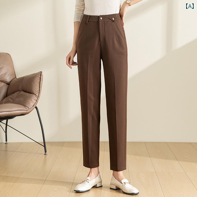 スラックス レディース 女性用 ウール混 ポリエステル混紡 秋冬 通勤 オフィス ビジネス 上品 ウエストゴム ハイウエスト テーパード ロング丈 ベージュ系 カーキ カジュアルパンツ ボトムス