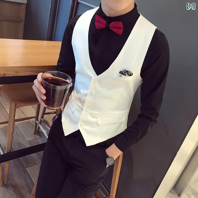 ベスト メンズ ホスト ウェイター サービス業 美容師 ナイトクラブ バー 制服 仕事着 ユニフォーム 男性用 大きいサイズ シングルボタン ポリエステル 無地 スタイリッシュ 春秋 黒 白 グレー