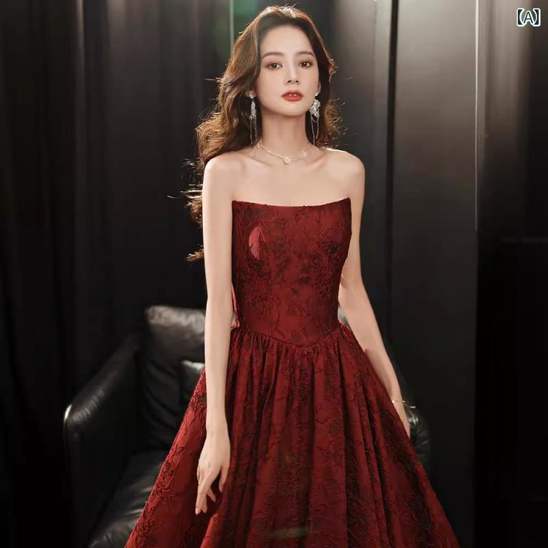 ドレス レディース 女性用 ベアトップ ロング丈 イブニングドレス フォーマル 結婚式 披露宴 二次会 婚約式 パーティー 謝恩会 演奏会 発表会 ワインレッド ボルドー Aライン 上品 エレガント