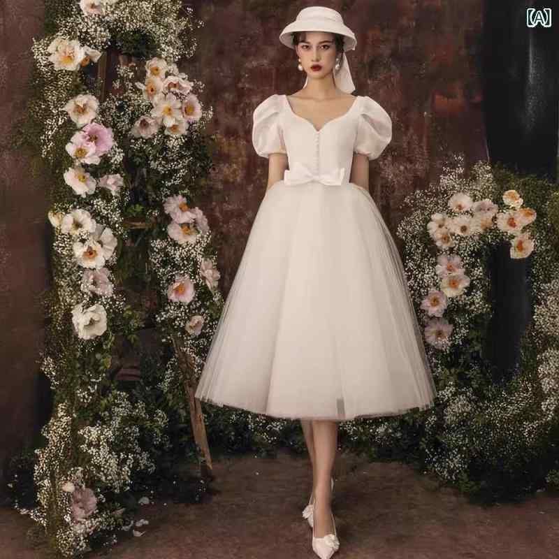 ワンピース レディース フレンチスタイル ライトウェディングドレス カジュアル ブライダル 細見え シンプル ミディ丈 婚約 入籍 二次会 お色直し Aライン Vネック パフスリーブ アイボリー オフホワイト