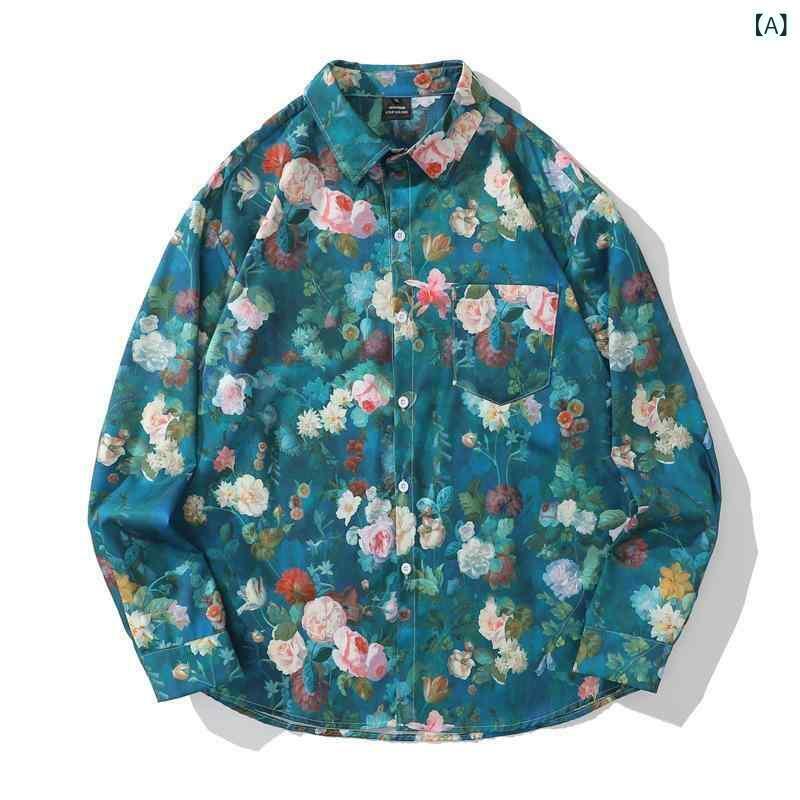 シャツ メンズ レディース ユニセックス 油絵風 花柄 レトロ ヴィンテージ 長袖 オーバーサイズ ビッグシルエット とろみ ドレープ感 ゆったり リラックス カジュアル トップス 羽織り ペア カップル 秋冬
