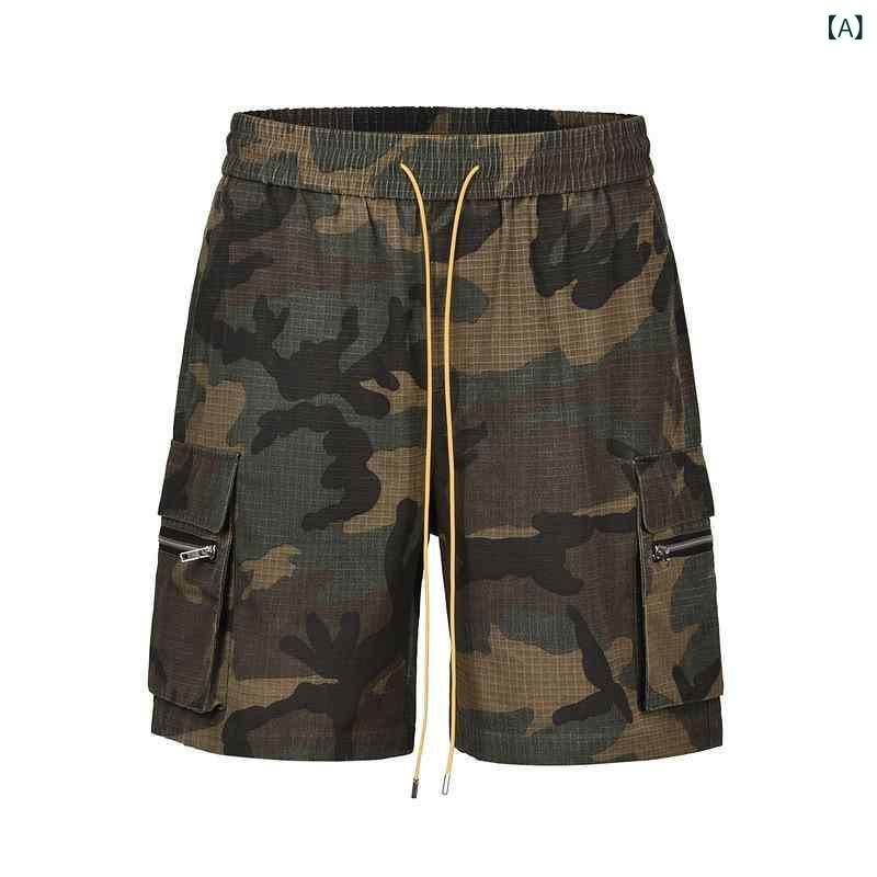 ショートパンツ メンズ 男性用 欧米 ハイストリート カモフラ柄 ウォッシュ加工 ベローズポケット マルチポケット カーゴ コットン ワーク ビーチ 水陸両用 春夏 ルーズフィット ストレッチ グリーン