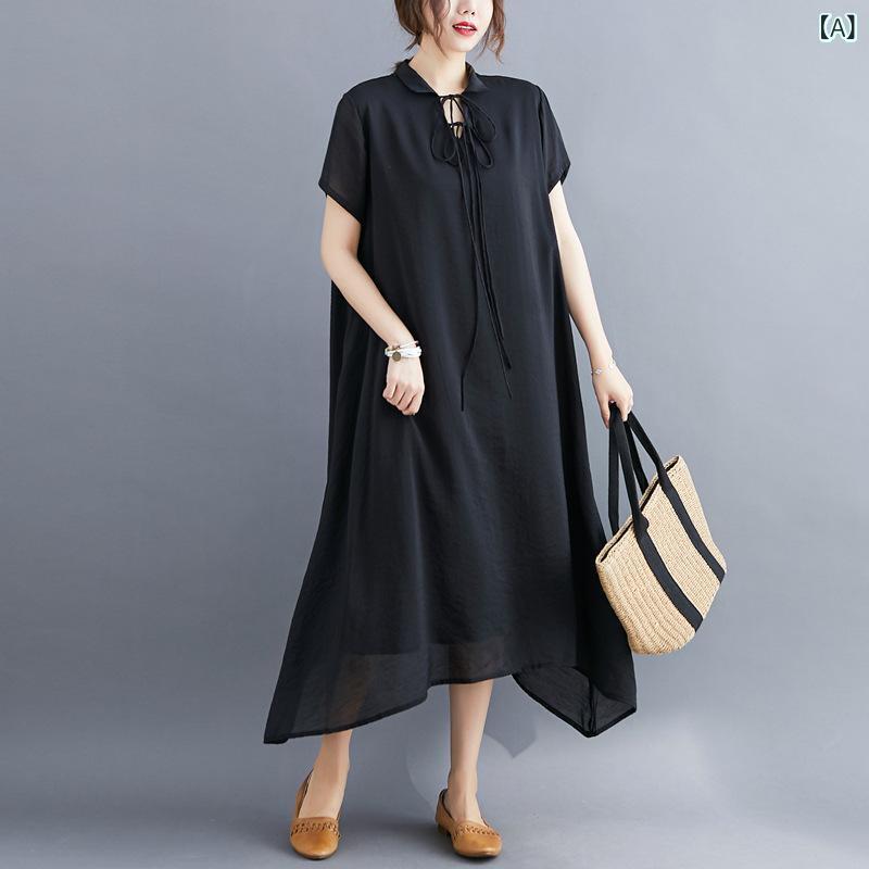 ワンピース レディース 春夏 韓国風 大きいサイズ ゆったり 襟付き 半袖 ウエストマーク ポリエステル 無地 きれいめ カジュアル 通勤 ブラック オフホワイト イエロー ピンク系