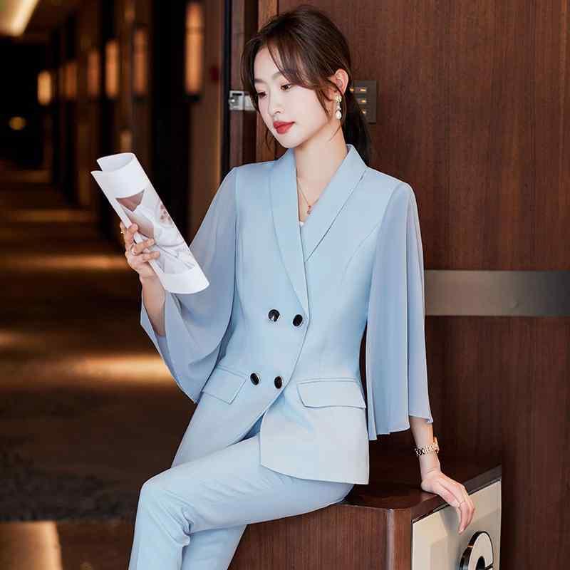 セットアップ レディース 女性用 薄手 九分袖 スーツ ロングパンツ 低身長 小柄向け デザイン エレガント 細見え スタイルアップ カジュアル 2点セット 春夏