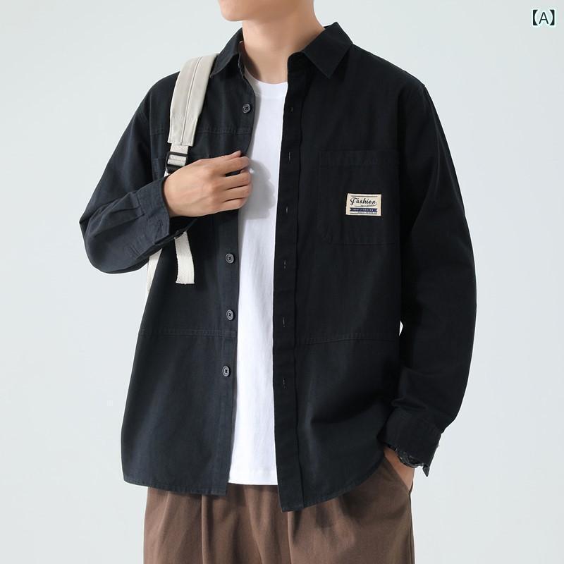 シャツ メンズ 男性用 秋冬 日系 ワークテイスト 長袖 ルーズフィット ビッグシルエット 襟付き 開襟 カジュアル アウター 普段使い 無地 形態安定 ブラック カーキ グリーン ブラウン 綿混