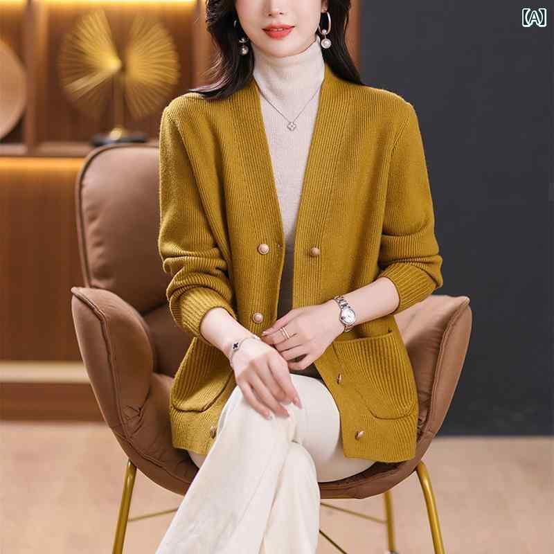 ニットカーディガン レディース ミセス ゆったり Vネック 長袖 ショート丈 アウター 羽織り 羊毛混 カジュアル 切り替え ダブルボタン 秋冬