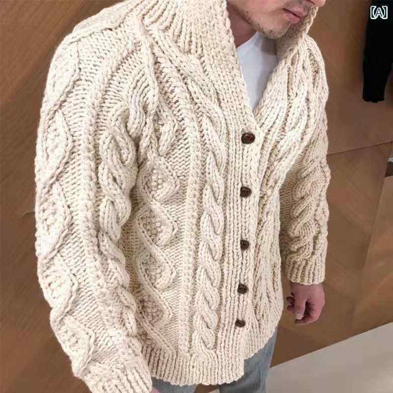 ニットカーディガン メンズ 長袖 スタンドカラー ケーブル編み セーター ブリティッシュカジュアル ストレートシルエット 綿混紡 トップス 春秋 普段使い
