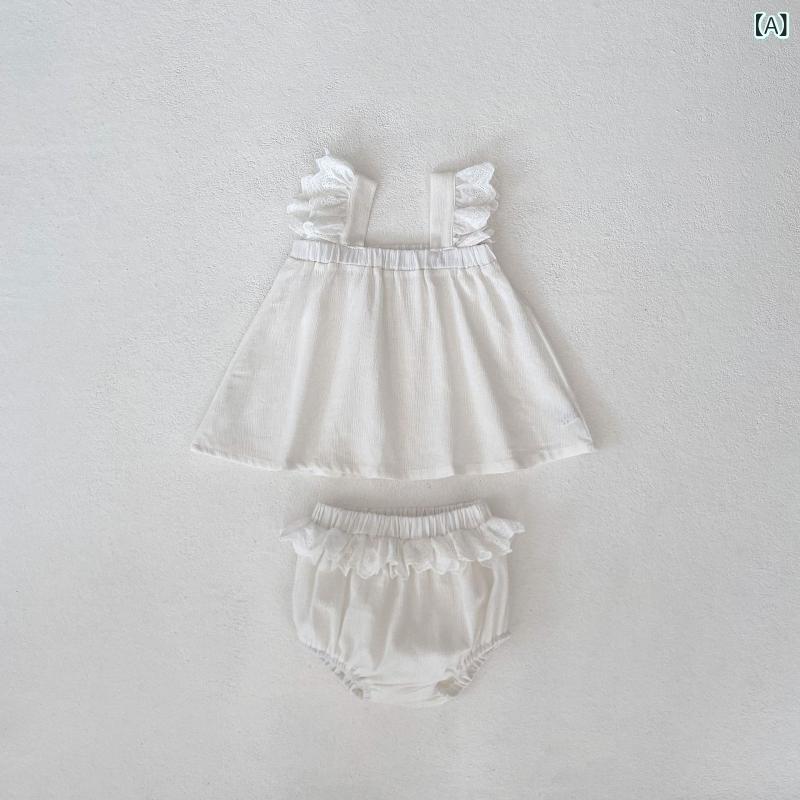 セットアップ ベビー 女児 かわいい 春夏 清楚感 フリル 切り替え キャミソールトップス ノースリーブ プルオーバー ブルマ ショートパンツ 綿 コットン 白 ホワイト系 2点セット